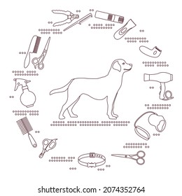 Vector illustration Dog grooming, hairdresser for animals. Shearing dog hair. Labrador breed, collar, comb, scissors, nail clippers, spray, hair dryer, trimmer, leash. Pet haircut, shop Shelter