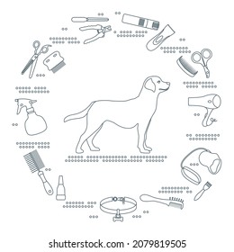 Vector illustration Dog grooming, hairdresser for animals. Shearing dog hair. Labrador breed, collar, comb, scissors, nail clippers, spray, hair dryer, trimmer, leash. Pet haircut, shop Shelter