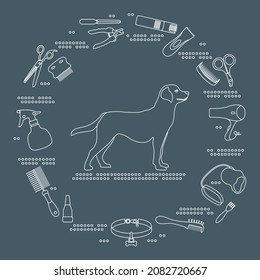 Vector Illustration Dog Grooming, Hairdresser For Animals. Shearing Dog Hair. Labrador Breed, Collar, Comb, Scissors, Nail Clippers, Spray, Hair Dryer, Trimmer, Leash. Pet Haircut, Shop Shelter