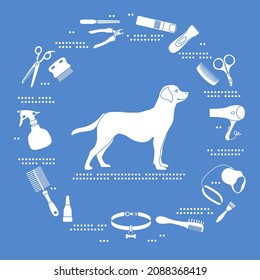 Vector illustration Dog grooming, hairdresser for animals. Shearing dog hair. Labrador breed, collar, comb, scissors, nail clippers, spray, hair dryer, trimmer, leash. Pet haircut, shop Shelter