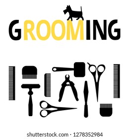 Vector illustration - dog grooming. Set of tools. Yellow and black colors. Design for shops, banner, web.