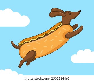 Vector illustration of a dog as a hot dog on the sky background