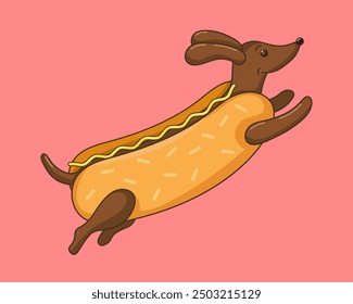 Vector illustration of a dog as a hot dog on a pink background