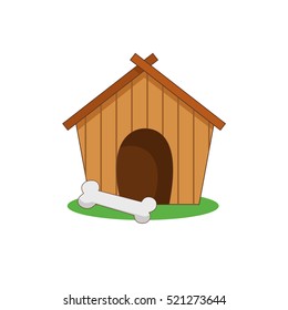 Vector illustration of a dog house kennel on the grass with a bone. Icon color.