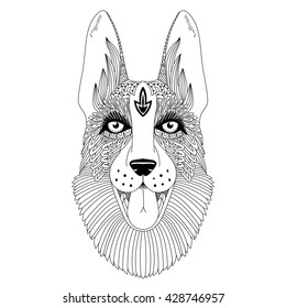 Vector illustration of the dog, isolated. German Shepherd black and white artwork in ethnic and zentangle style. Coloring page, tattoo, card, poster, t-shirt, print design