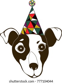 vector illustration with a dog jack russell terrier in a bright festive cap