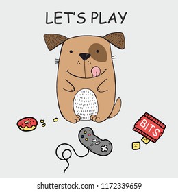 Vector illustration dog with joystick, half-eaten food, donut, cheese bits, with lettering let's play, can be used as fashion print for pajamas or t shirt, video game over