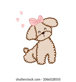 Vector illustration dog lapdog with pink bow in cartoon style for card, sticker and print 