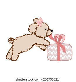 Vector illustration dog lapdog with pink bow and gift box in cartoon style for card, sticker and print 