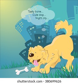Vector illustration of a dog in the night city, which wants to eat bone.