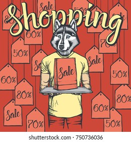 Vector illustration of dog on Black Friday. Dog with sale pack on shopping