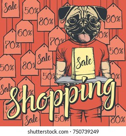 Vector illustration of dog on Black Friday. Dog with sale pack on shopping