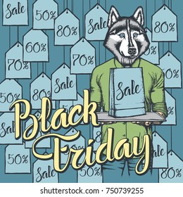 Ilustración vectorial del perro en el Viernes Negro. Perro con paquete de venta en las compras