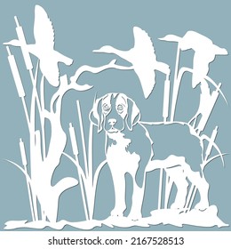 Vector illustration. A dog on a duck hunt. Wildlife. Vector isolated illustration for laser cutting. Tattoo. Logo...