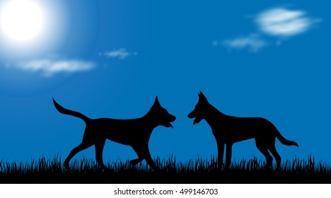 Vector illustration of dog on meadow at sunny day.