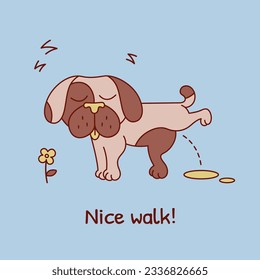 Vector illustration of a dog on a walk on a blue background. Image of a pug tickling and napping. A cartoon poster on the topic of a pet store.