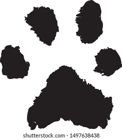 vector illustration of dog paw print, silhouette of paw print isolated on white.