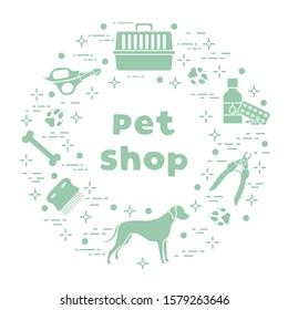Vector illustration Dog, paw tracks, bone, comb, scissors, carrying, medicine, clipper on white background. Pet shop, veterinary clinic, shelter background Pet care accessory Design for website, print