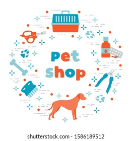 Vector illustration Dog, paw tracks, bone, comb, scissors, carrying, medicine, clipper on white background. Pet shop, veterinary clinic, shelter background Pet care accessory Design for website, print