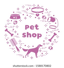 Vector illustration Dog, paw tracks, bone, bowl, collar, leash on white background. Pet shop, veterinary clinic, shelter concept. Animal background. Pet care accessory. Design for website, print