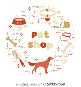 Vector illustration Dog, paw tracks, bone, bowl, collar, leash on white background. Pet shop, veterinary clinic, shelter concept. Animal background. Pet care accessory. Design for website, print