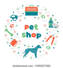 Vector illustration Dog, paw tracks, bone, comb, scissors, carrying, medicine, clipper on white background. Pet shop, veterinary clinic, shelter background Pet care accessory Design for website, print