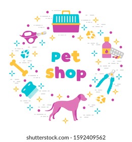 Vector illustration Dog, paw tracks, bone, comb, scissors, carrying, medicine, clipper on white background. Pet shop, veterinary clinic, shelter background Pet care accessory Design for website, print