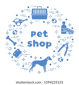 Vector illustration Dog, paw tracks, bone, comb, scissors, carrying, medicine, clipper on white background. Pet shop, veterinary clinic, shelter background Pet care accessory Design for website, print