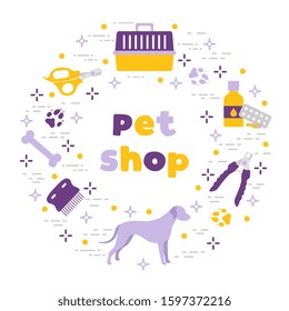 Vector illustration Dog, paw tracks, bone, comb, scissors, carrying, medicine, clipper on white background. Pet shop, veterinary clinic, shelter background Pet care accessory Design for website, print