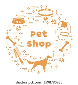 Vector illustration Dog, paw tracks, bone, bowl, collar, leash on white background. Pet shop, veterinary clinic, shelter concept. Animal background. Pet care accessory. Design for website, print