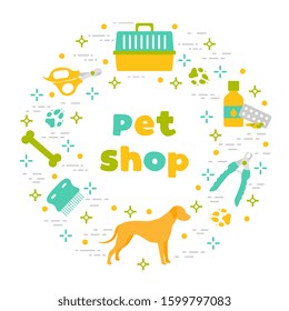 Vector illustration Dog, paw tracks, bone, comb, scissors, carrying, medicine, clipper on white background. Pet shop, veterinary clinic, shelter background Pet care accessory Design for website, print