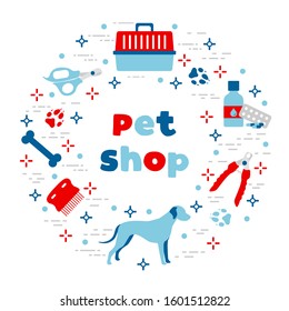 Vector illustration Dog, paw tracks, bone, comb, scissors, carrying, medicine, clipper on white background. Pet shop, veterinary clinic, shelter background Pet care accessory Design for website, print