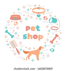 Vector illustration Dog, paw tracks, bone, bowl, collar, leash on white background. Pet shop, veterinary clinic, shelter concept. Animal background. Pet care accessory. Design for website, print