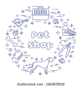 Vector illustration Dog, paw tracks, bone, comb, scissors, carrying, medicine, clipper on white background. Pet shop, veterinary clinic, shelter background Pet care accessory Design for website, print