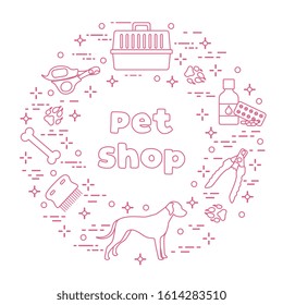 Vector illustration Dog, paw tracks, bone, comb, scissors, carrying, medicine, clipper on white background. Pet shop, veterinary clinic, shelter background Pet care accessory Design for website, print