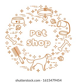 Vector illustration Dog, paw tracks, bone, bowl, collar, leash on white background. Pet shop, veterinary clinic, shelter concept. Animal background. Pet care accessory. Design for website, print