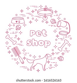 Vector illustration Dog, paw tracks, bone, bowl, collar, leash on white background. Pet shop, veterinary clinic, shelter concept. Animal background. Pet care accessory. Design for website, print