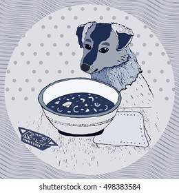Vector illustration with dog, plate of food and candy.