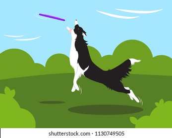 vector illustration of a dog playing with flying saucer in a jump on a natural landscape background
