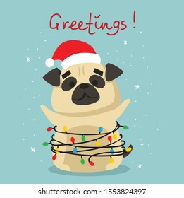 Vector illustration of dog pug with holiday hat and Christmas greetings.