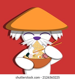 Vector illustration of a dog with ramen. A dog with a cartoon-style ramen, on a minimalistic background.