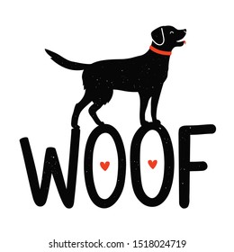 Vector illustration with dog, red hearts and lettering word Woof. Cute pet typography poster with cartoon black retriever