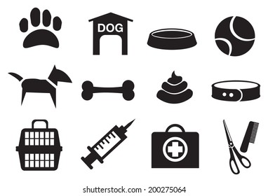 Vector illustration of dog related objects. Black and white icon set.