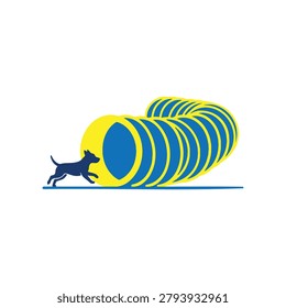 Vector illustration of a dog running through a colorful tunnel, agility training concept.