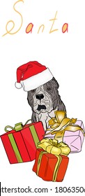Vector illustration of a dog in Santa hats with New Year's gifts. Festive illustration for printing on clothes, prints, postcards, wrapping paper