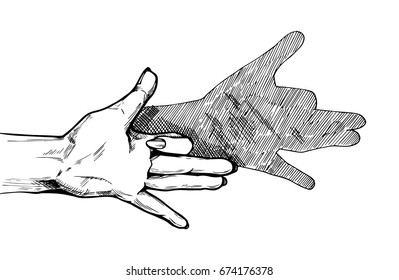 Vector Illustration Of A Dog Shadow Theatre Hand Puppet Figure. Vintage Hand Drawn Or Comic Book Style.