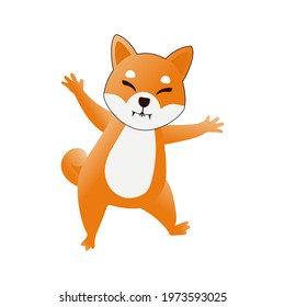 Vector illustration of a dog similar to the Shiba Inu cryptocurrency isolate. Shib dog is standing and waving his paw or hand, dancing