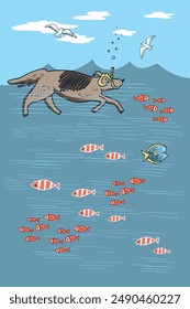 Vector illustration of a dog snorkeling in the sea.