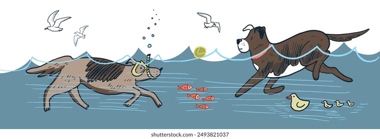 Vector illustration of a dog snorkeling in the sea.