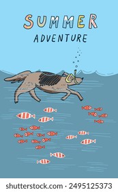 Vector illustration of a dog snorkeling in the sea.